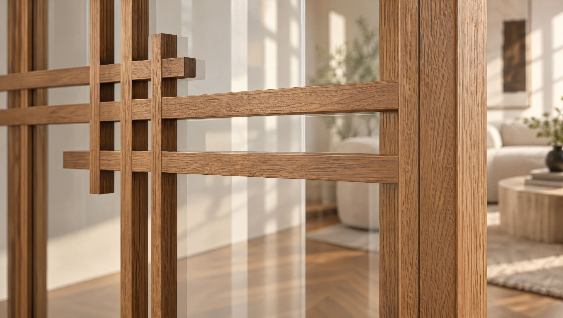 Eichenrahmen mit Klarglas — Detailaufnahme einer Holz-Glas-Schiebetür