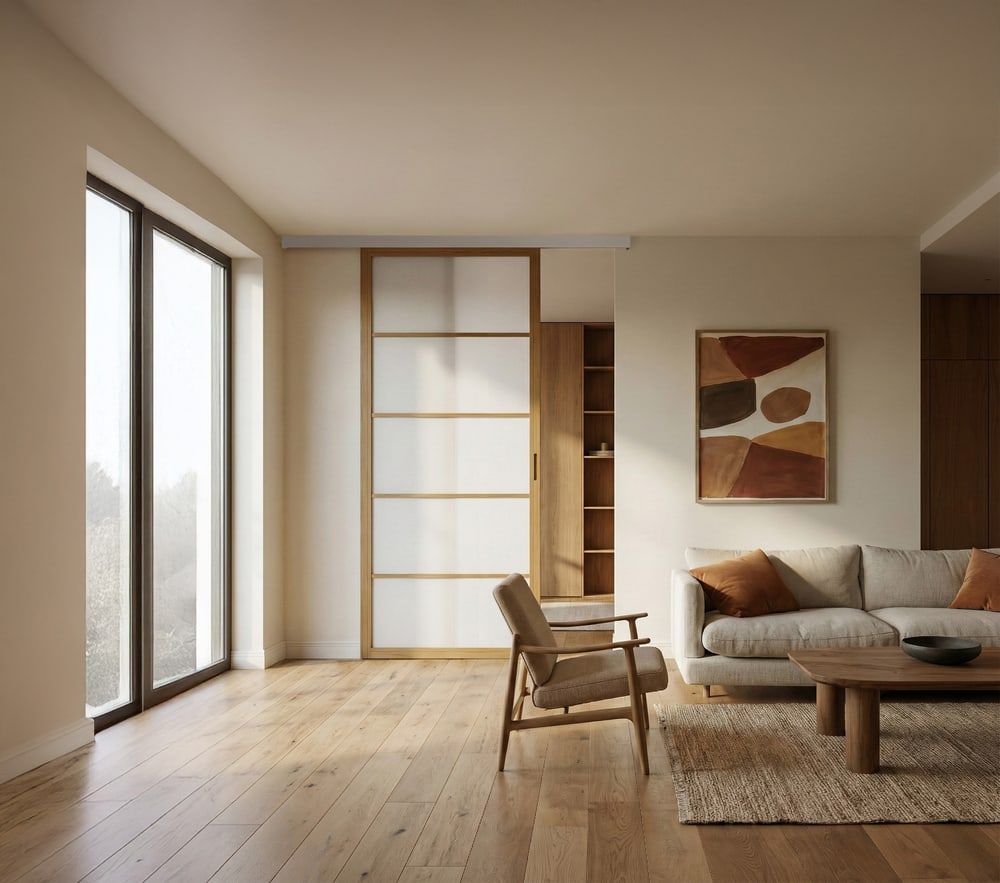 Wohnraum mit Schiebe- und Pivottüren aus Holz und Glas