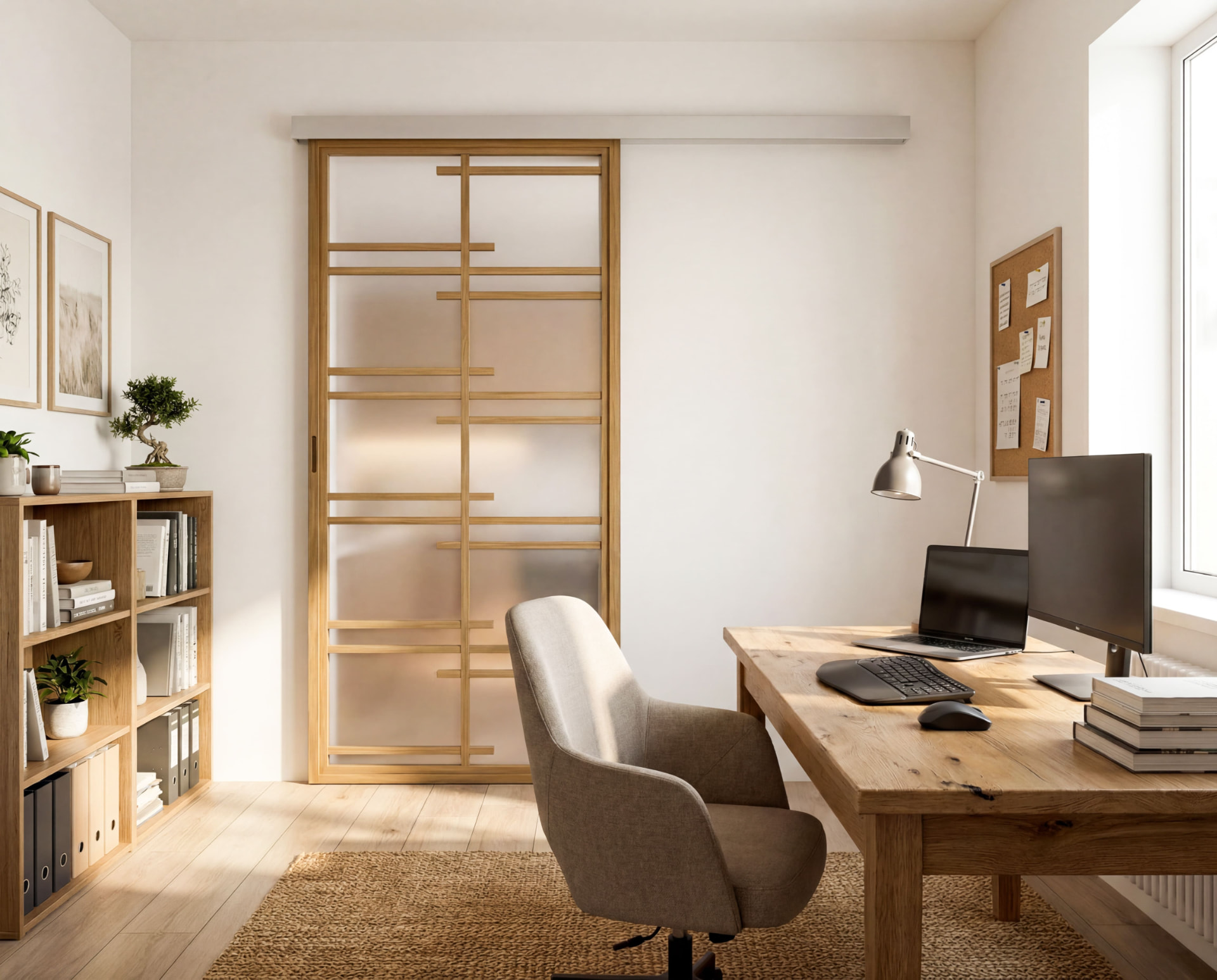 Arbeitszimmer mit Japandi-Raster